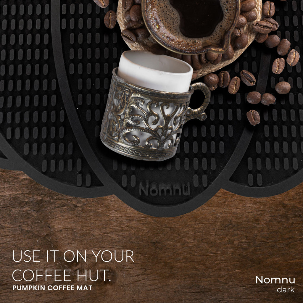 Nomnu Pumpkin Coffee Mat – Gothic Countertop Bar Mat for Spills and Drinks | 14.8" x 13.5" Black Rubber Halloween Decor