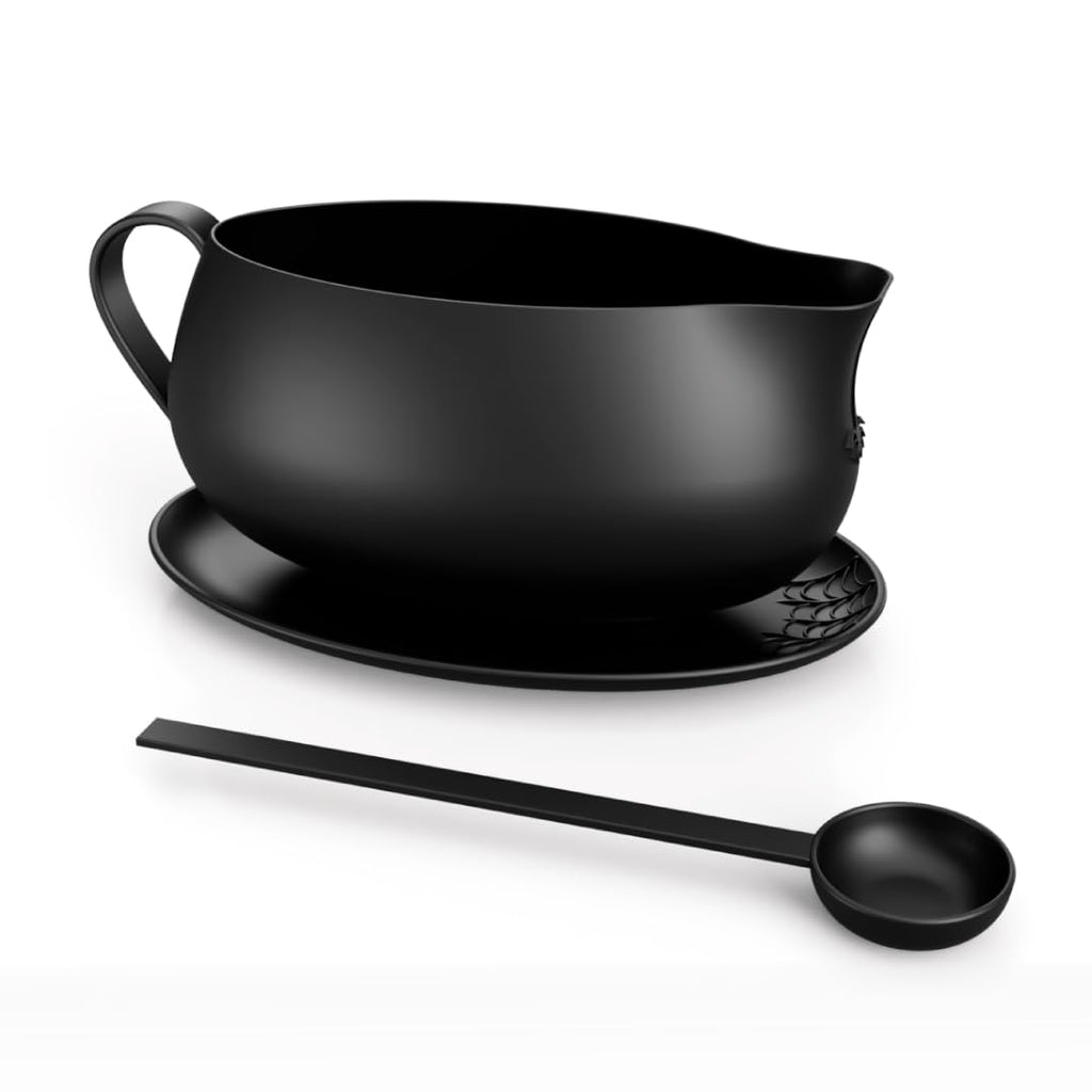 New - Nomnu Spiderweb Large 32 oz Gravy Boat with Saucer (Porcelain) - Black Matte Goth Ceramic Gravy Boat and Tray for Turkey Beef Sauce, Salad Dressing, Milk, Broth. Microwave and Dishwasher Safe