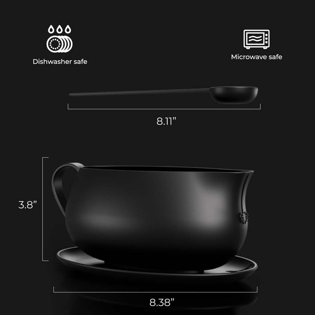 New - Nomnu Spiderweb Large 32 oz Gravy Boat with Saucer (Porcelain) - Black Matte Goth Ceramic Gravy Boat and Tray for Turkey Beef Sauce, Salad Dressing, Milk, Broth. Microwave and Dishwasher Safe