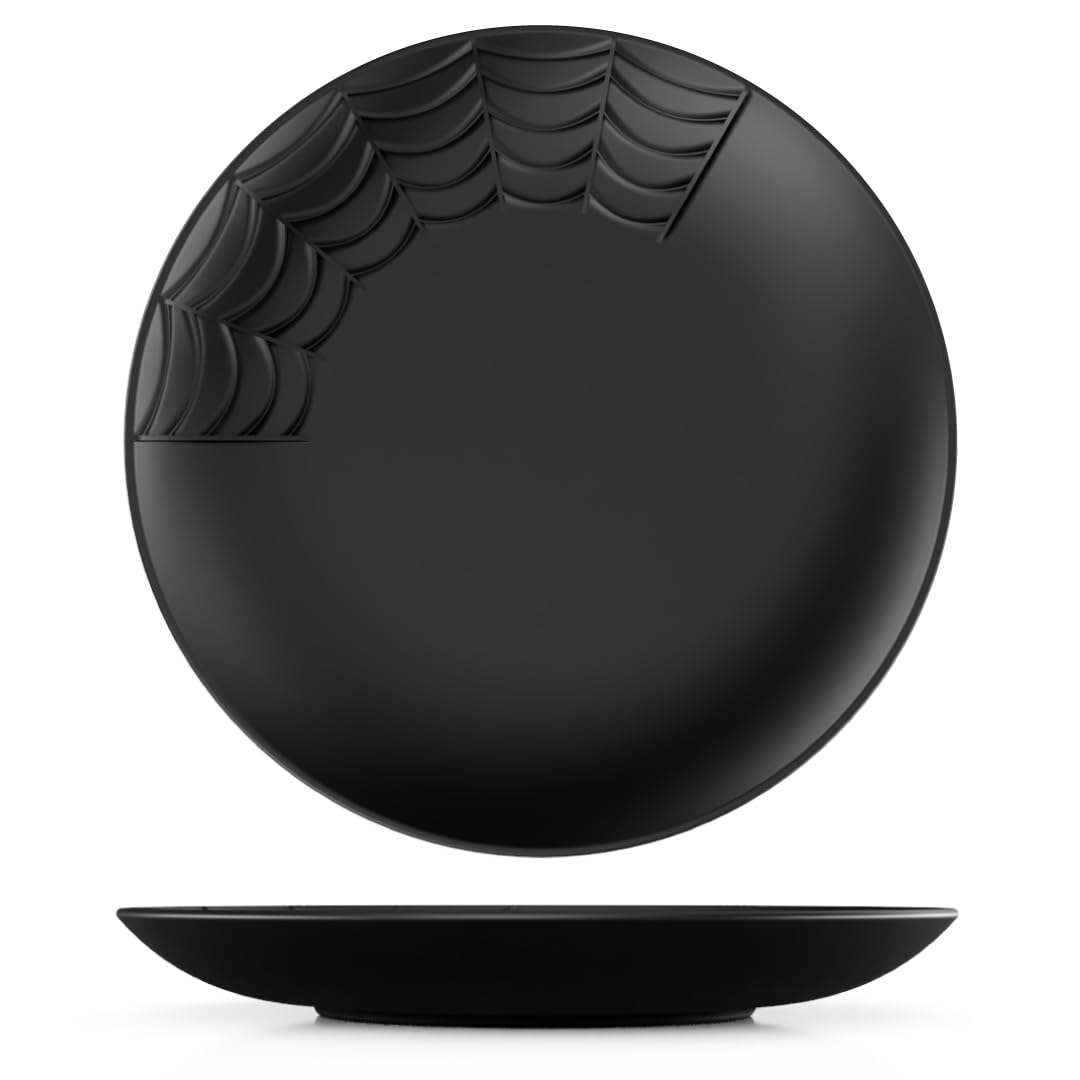 Nomnu Gothic Salad Plates (1 Unit) With Spiderweb Design - Black Porcelain for Goth Table Setting, Enhancing Halloween and Spooky Dinner Decor