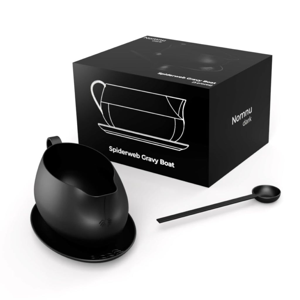 New - Nomnu Spiderweb Large 32 oz Gravy Boat with Saucer (Porcelain) - Black Matte Goth Ceramic Gravy Boat and Tray for Turkey Beef Sauce, Salad Dressing, Milk, Broth. Microwave and Dishwasher Safe