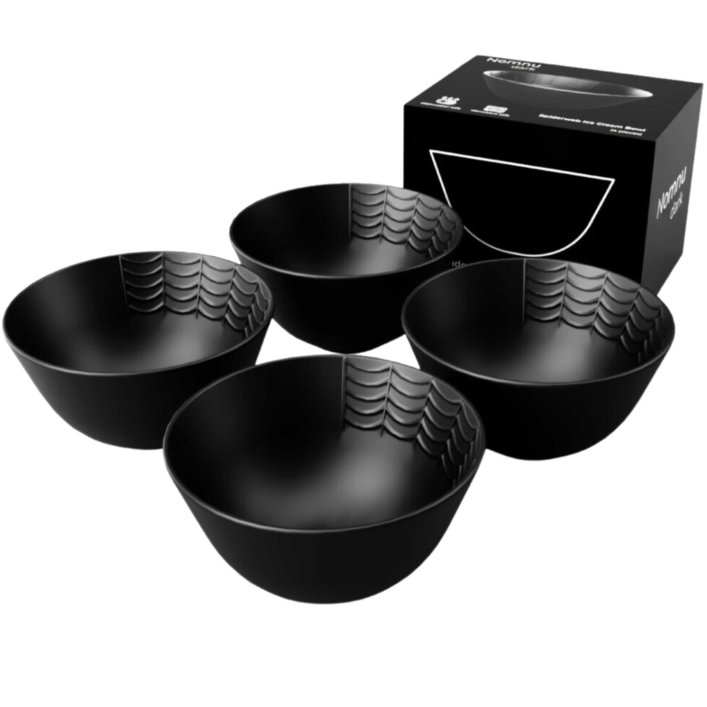 Nomnu New Small Black Spiderweb Bowls Set of 4 - Gothic Ceramic Ice Cream Bowls 4.5" Inch for Dessert & Cereal for Goth Lovers, Microwave & Dishwasher Safe - Perfect for Spooky Snacks & Treats