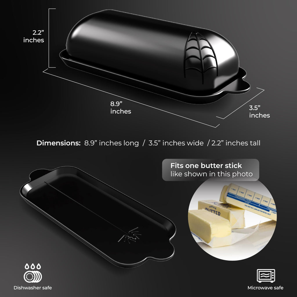 Nomnu Spiderweb Butter Dish With Lid (Porcelain) - Black Matte Halloween Goth Butter Dish Set with Embossed Spider and Spiderweb - Spooky Kitchen Utensils - Gothic Kitchen Housewarming Gifts