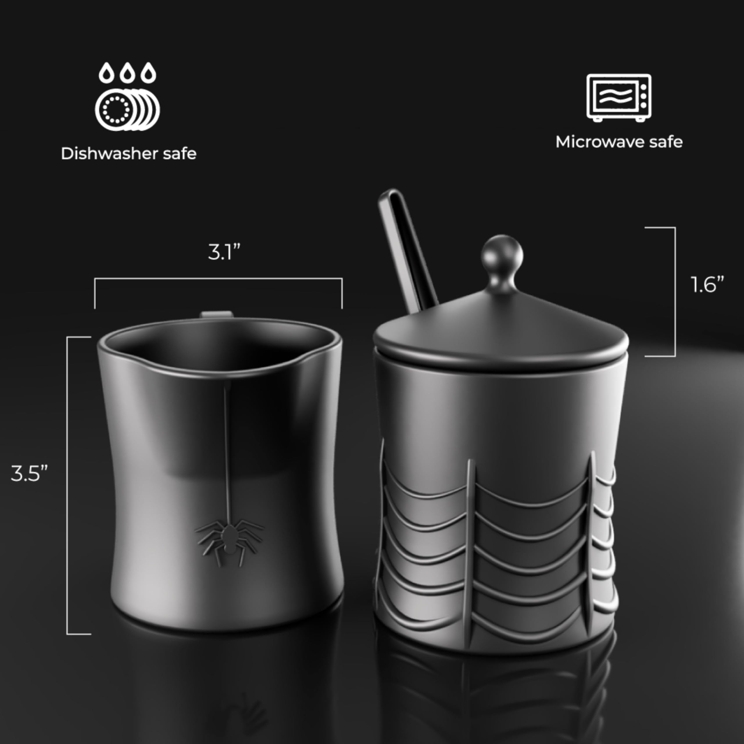 New - Nomnu Black Spiderweb Sugar and Creamer Set. Ceramic Sugar Bowl with Lid and Spoon, and Creamer Pitcher. Gothic Decor, Perfect for Goth Lovers, Includes Spider-Embossed Design