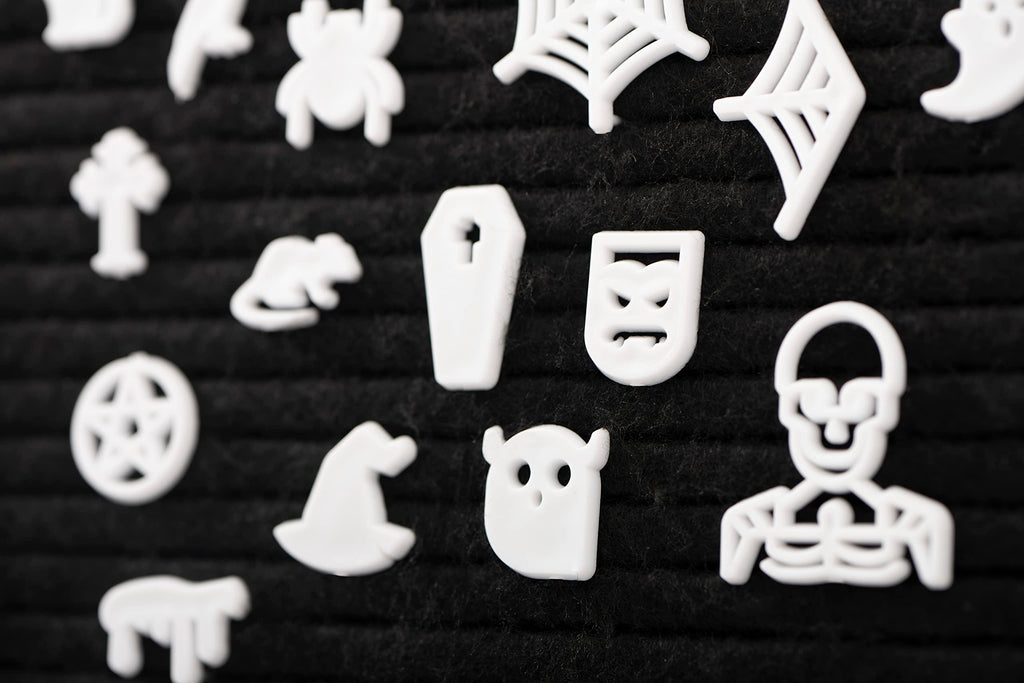 Spooky Letter Board Characters - Board NOT Included - +80pcs Felt Message Board Accessories - Shapes Include: Pumpkin, Coffin, Skeleton, Skull, Spider, Bat, Witch Hat, Broom