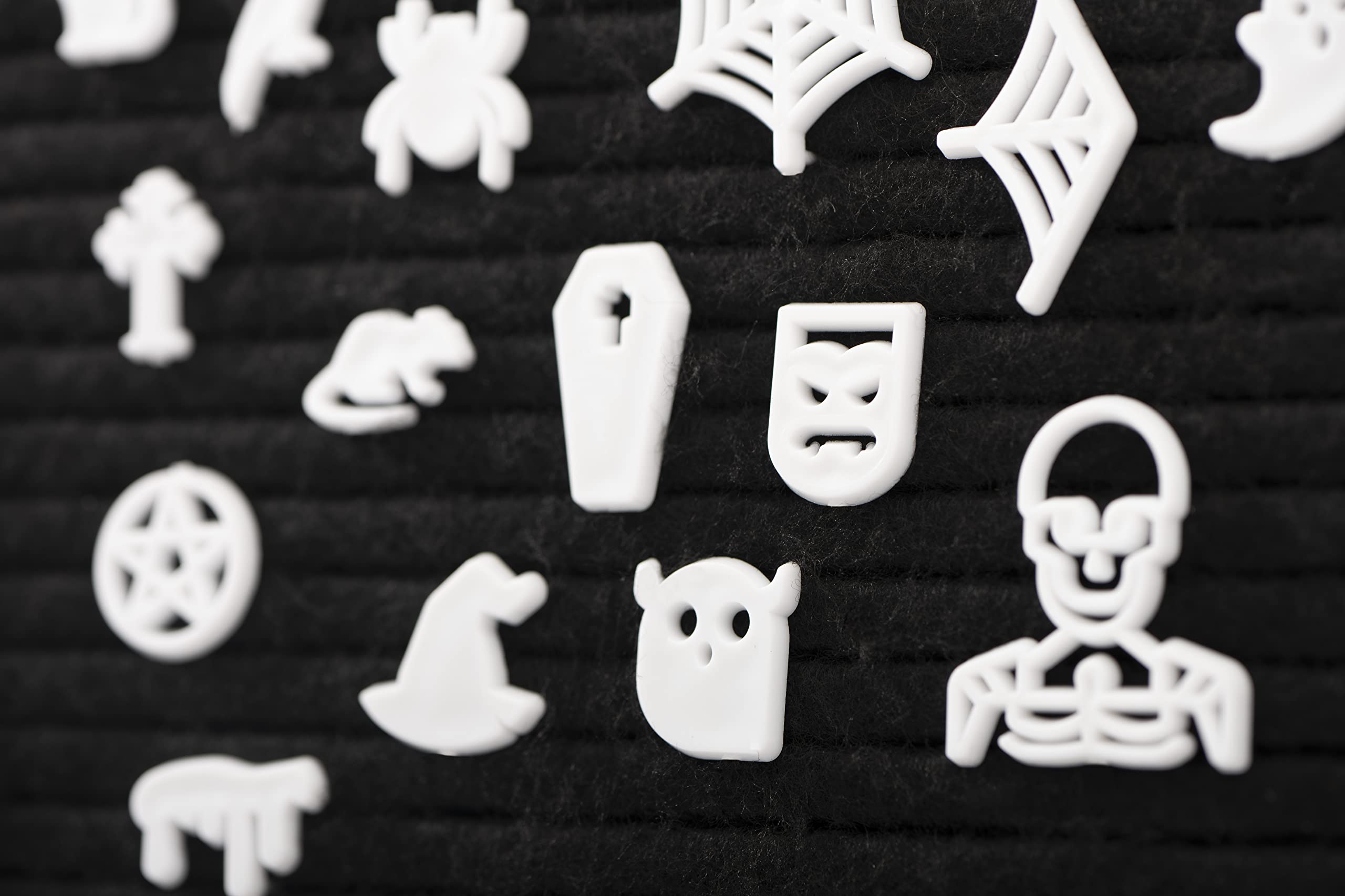 Spooky Letter Board Characters - Board NOT Included - +80pcs Felt Message Board Accessories - Shapes Include: Pumpkin, Coffin, Skeleton, Skull, Spider, Bat, Witch Hat, Broom