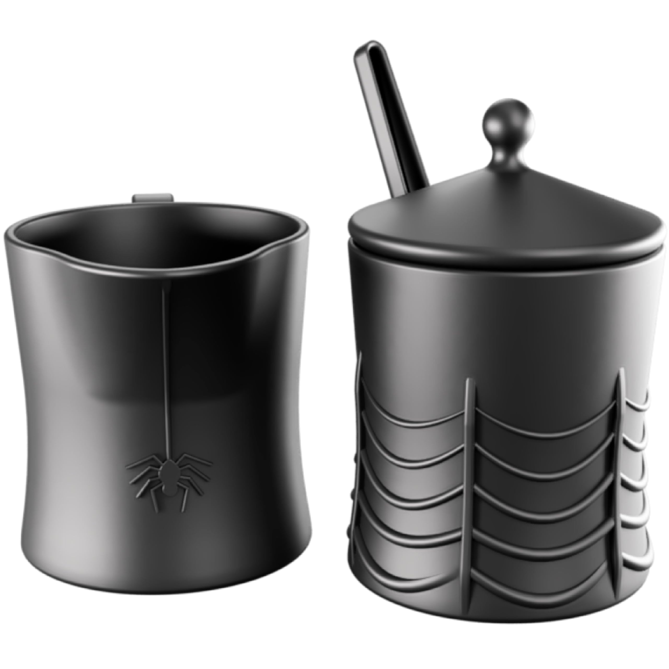 New - Nomnu Black Spiderweb Sugar and Creamer Set. Ceramic Sugar Bowl with Lid and Spoon, and Creamer Pitcher. Gothic Decor, Perfect for Goth Lovers, Includes Spider-Embossed Design