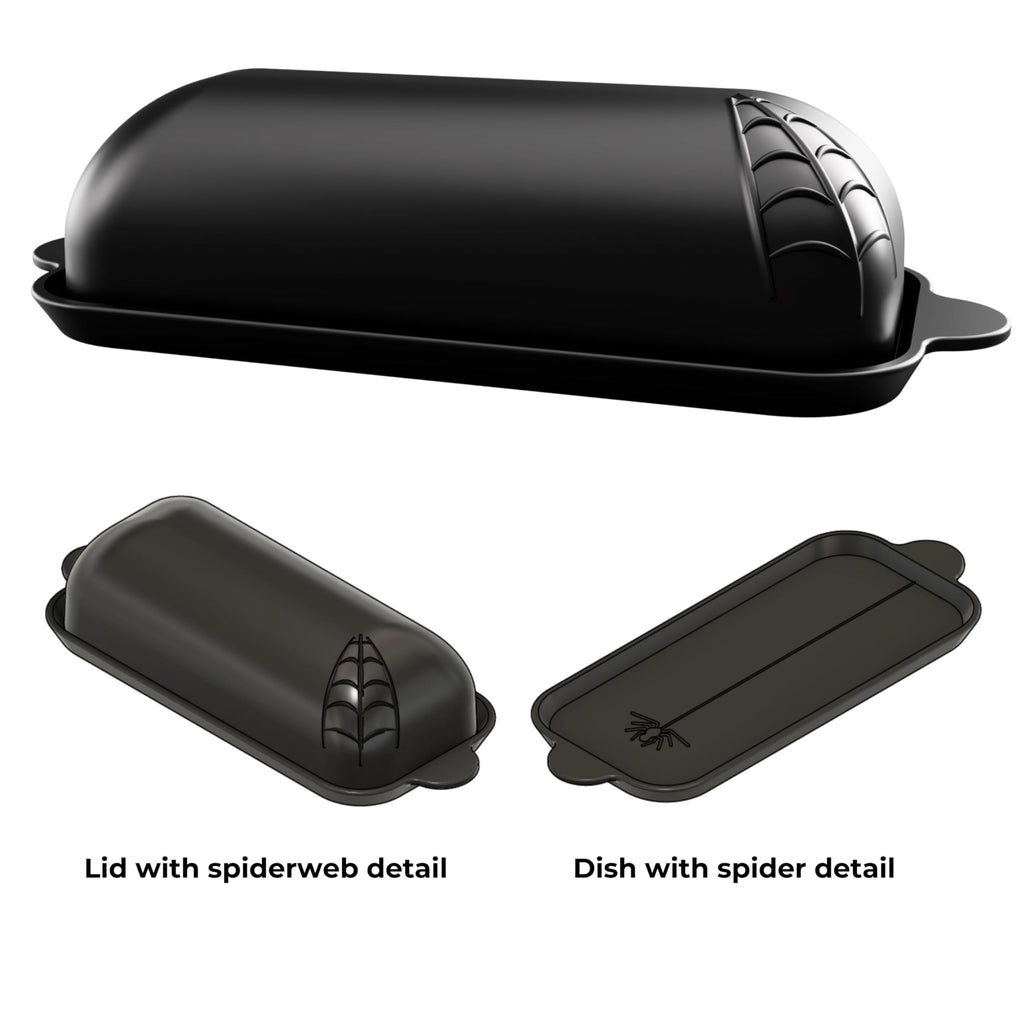 Nomnu Spiderweb Butter Dish With Lid (Porcelain) - Black Matte Halloween Goth Butter Dish Set with Embossed Spider and Spiderweb - Spooky Kitchen Utensils - Gothic Kitchen Housewarming Gifts