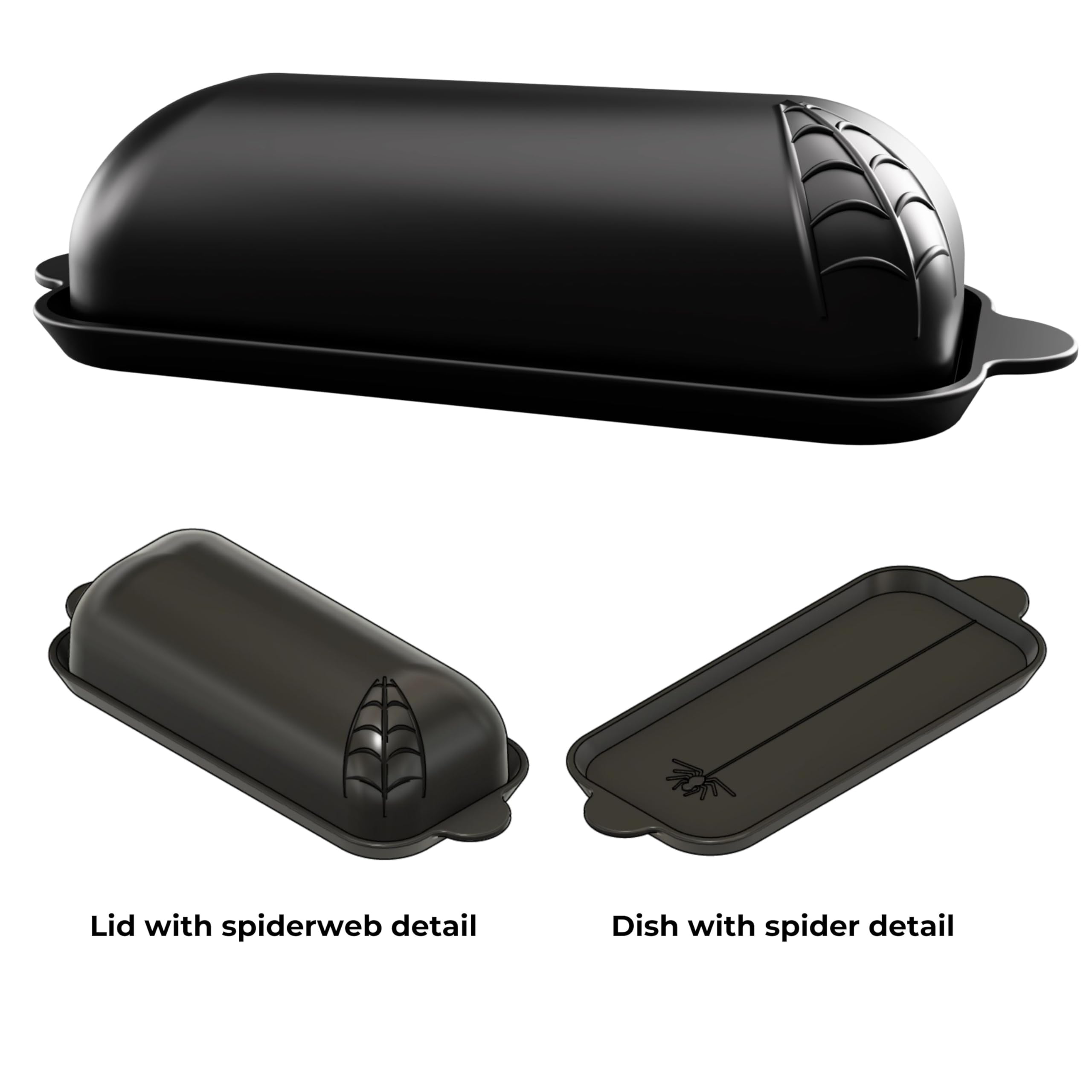Nomnu Spiderweb Butter Dish With Lid (Porcelain) - Black Matte Halloween Goth Butter Dish Set with Embossed Spider and Spiderweb - Spooky Kitchen Utensils - Gothic Kitchen Housewarming Gifts