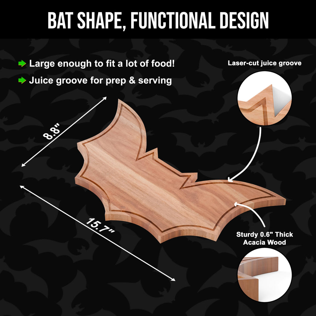 New – Halloween Bat Cutting Board 15.7" x 8.8" – Solid Acacia Wood Bat Charcuterie Board for Gothic Cheese Boards, Spooky Kitchen Decor, Creepy Halloween Serving Platter & Horror Party Tray