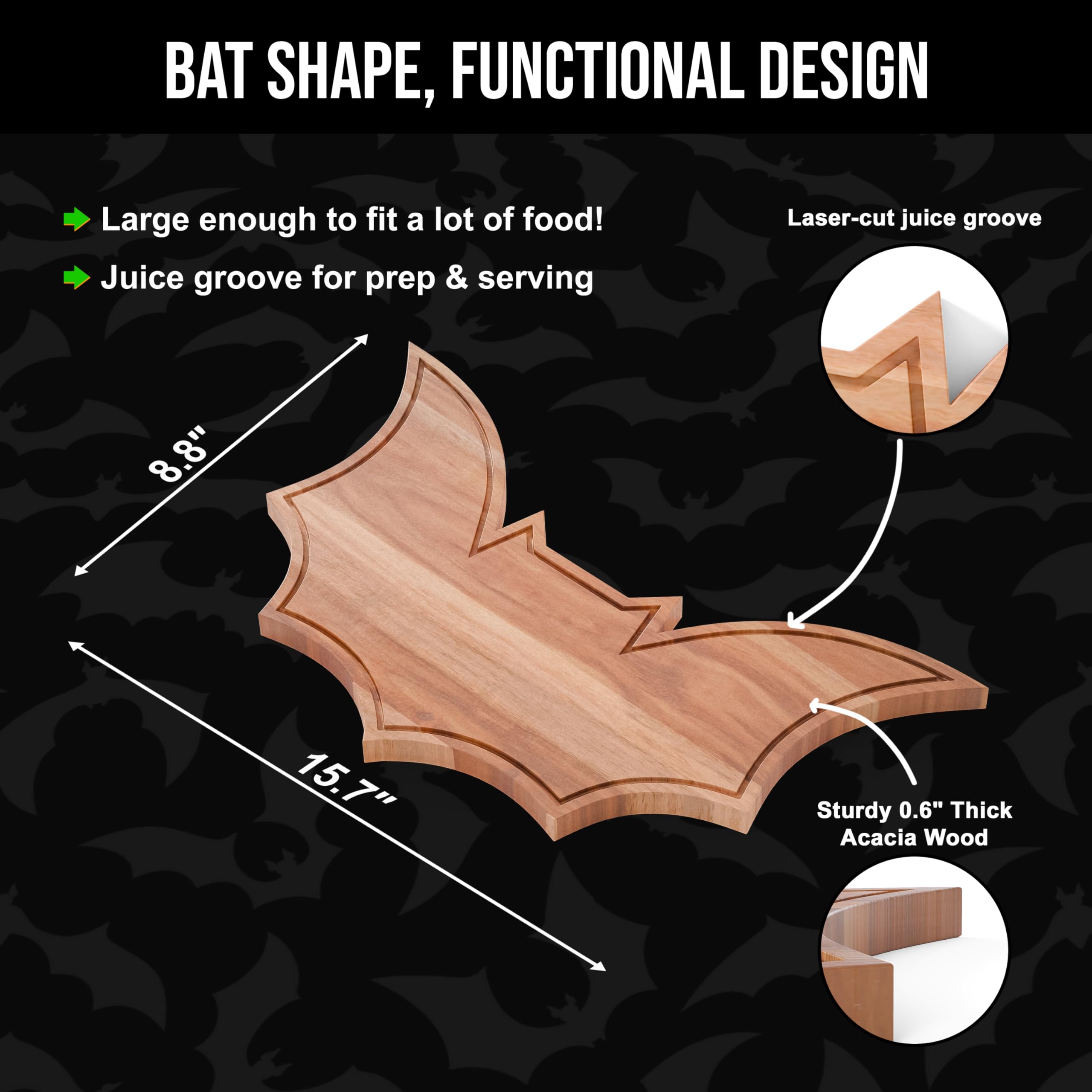 New – Halloween Bat Cutting Board 15.7" x 8.8" – Solid Acacia Wood Bat Charcuterie Board for Gothic Cheese Boards, Spooky Kitchen Decor, Creepy Halloween Serving Platter & Horror Party Tray