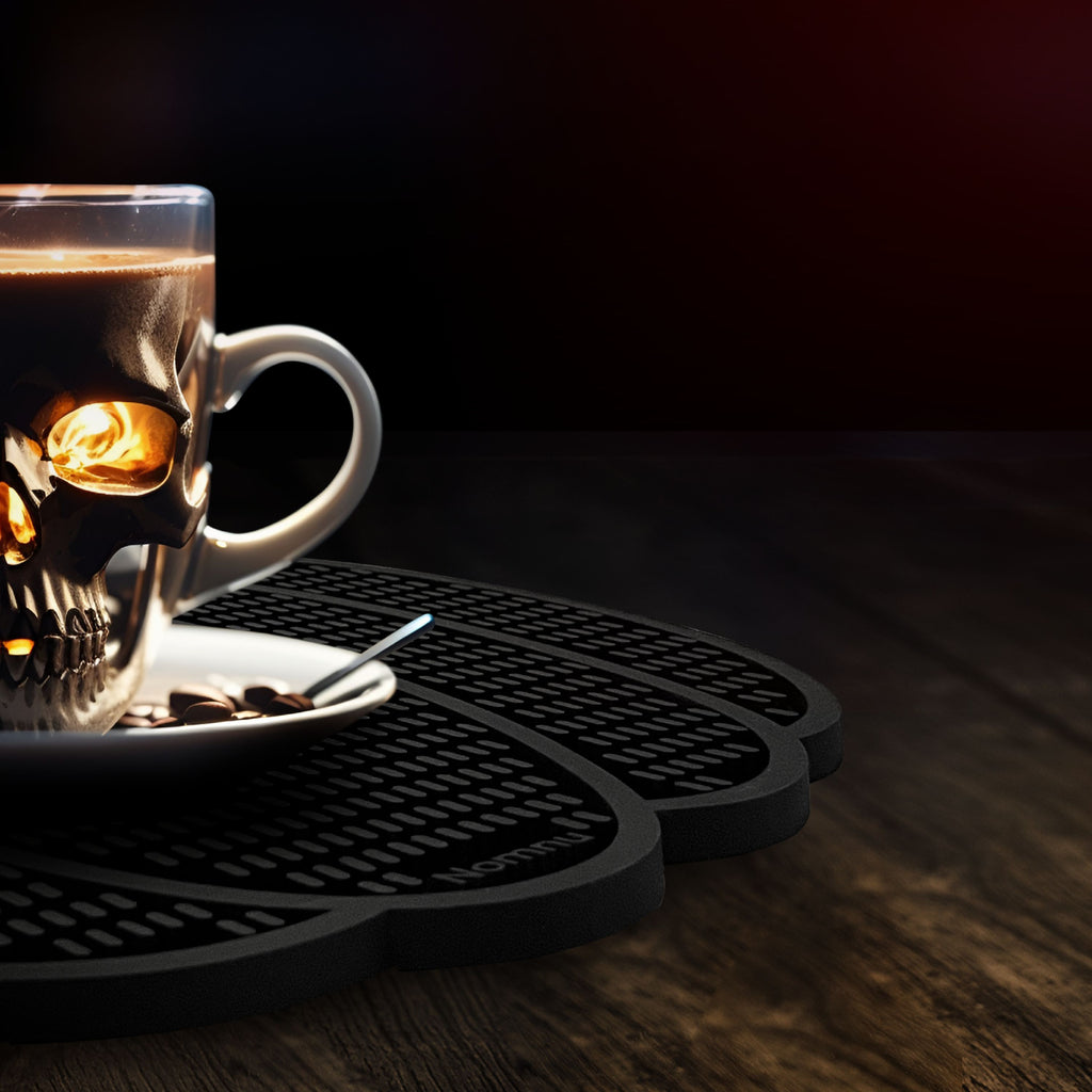 Nomnu Pumpkin Coffee Mat – Gothic Countertop Bar Mat for Spills and Drinks | 14.8" x 13.5" Black Rubber Halloween Decor