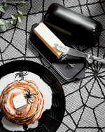 Load image into Gallery viewer, Nomnu Spiderweb Butter Dish With Lid (Porcelain) - Black Matte Halloween Goth Butter Dish Set with Embossed Spider and Spiderweb - Spooky Kitchen Utensils - Gothic Kitchen Housewarming Gifts
