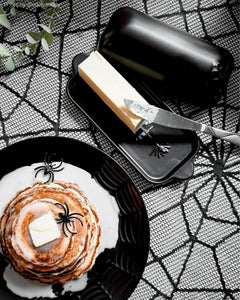 Nomnu Spiderweb Butter Dish With Lid (Porcelain) - Black Matte Halloween Goth Butter Dish Set with Embossed Spider and Spiderweb - Spooky Kitchen Utensils - Gothic Kitchen Housewarming Gifts