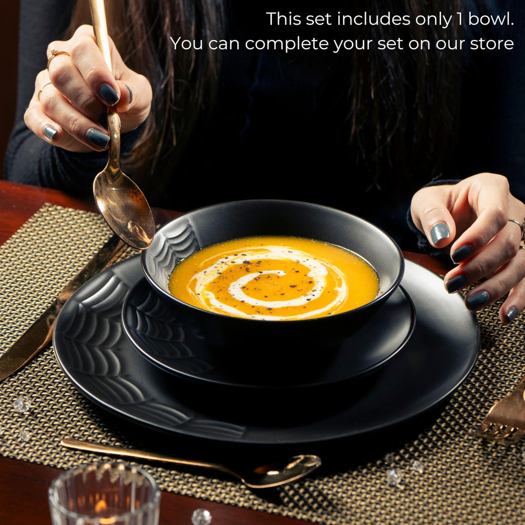 Nomnu Gothic Bowl (1 Unit) With Spiderweb Design - Black Matte Porcelain for Gothic Dining and Halloween Decor, Amplifying Spooky Ambiance with Creepy Tableware