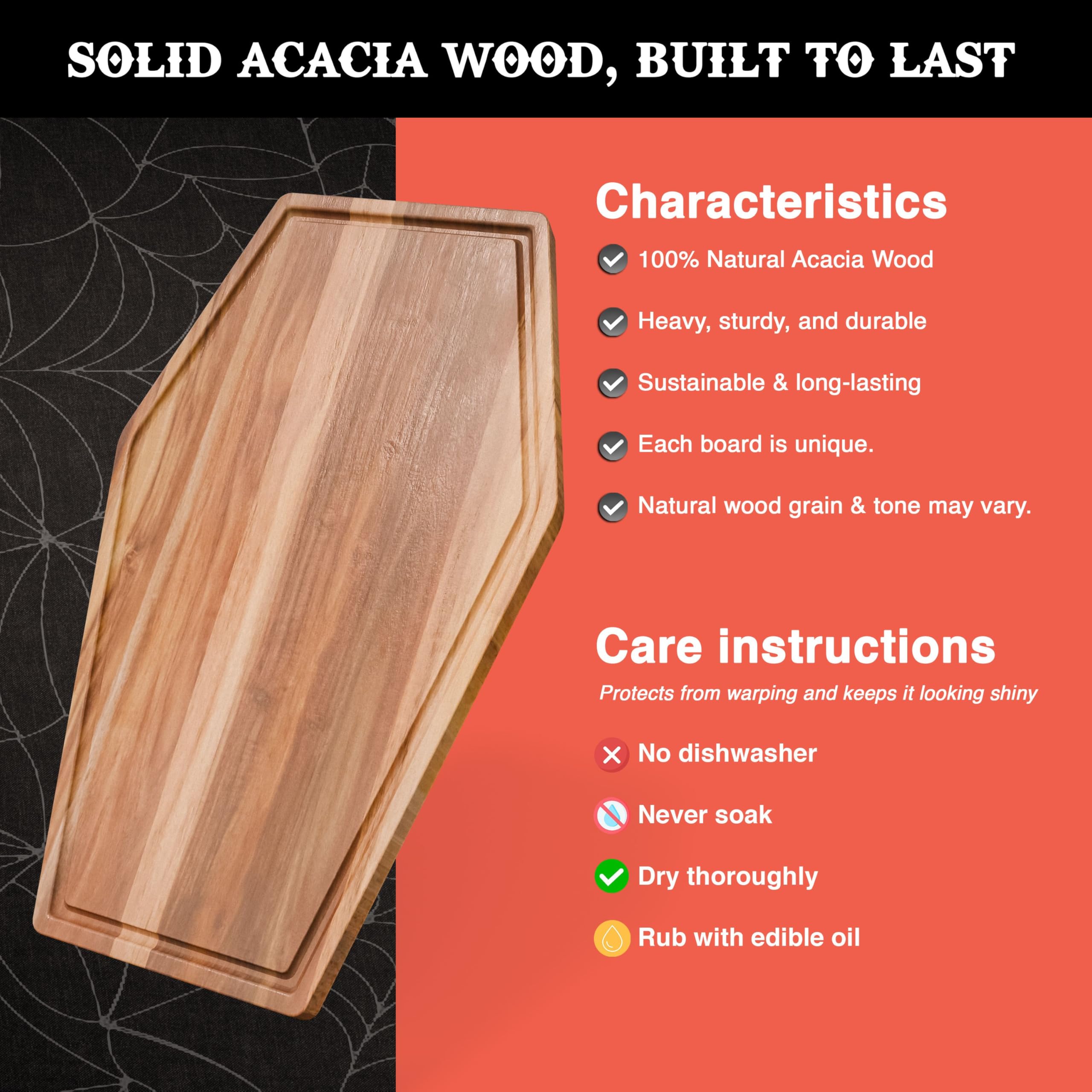 New - Large Coffin Charcuterie Board - Gothic Acacia Wood Cutting Coffin Shaped Cutting Board 17x10.5inch, Halloween Wooden Serving Tray, Goth Platter, Spooky Decor Gifts