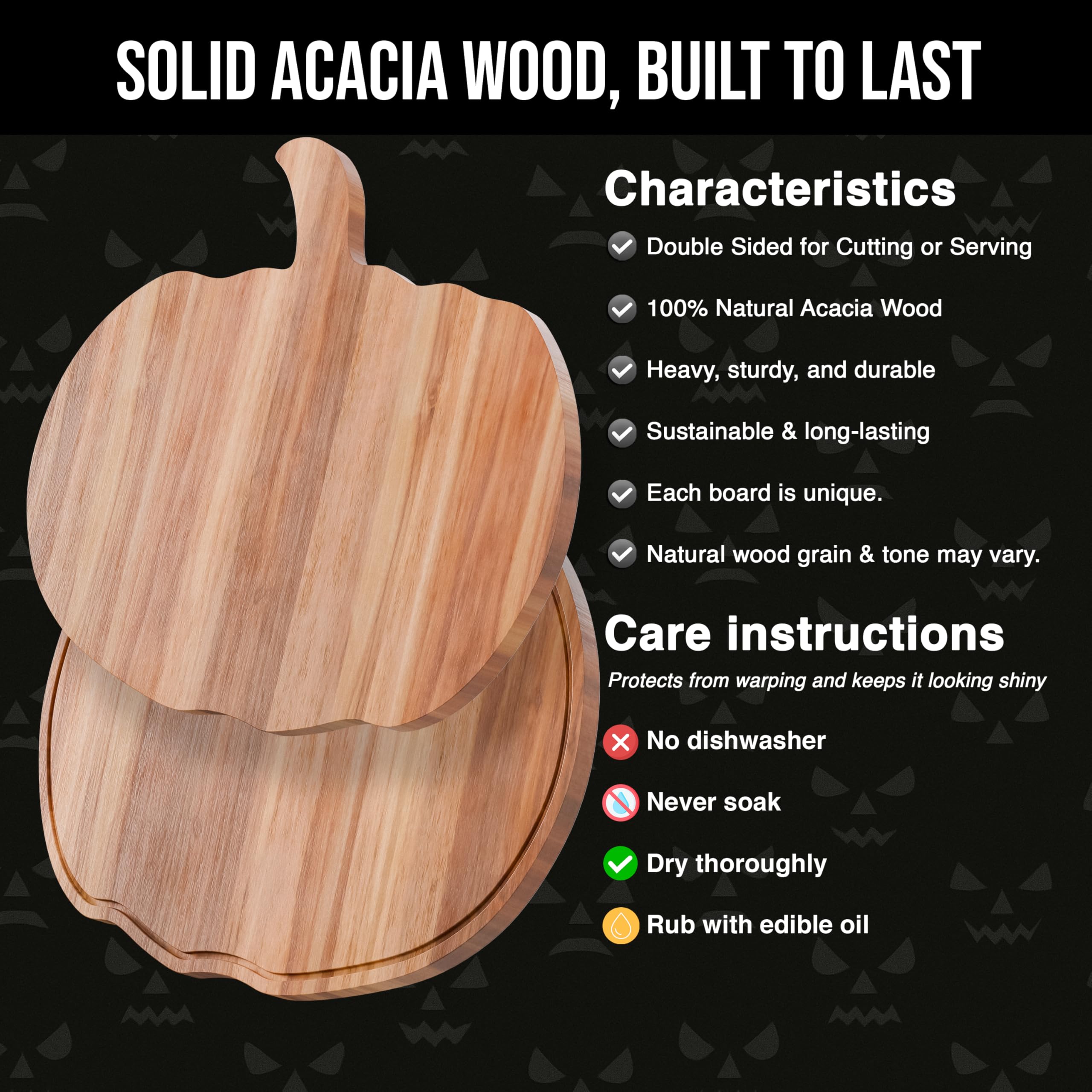 New - Halloween Pumpkin Cutting Board 14.8"x13" – Solid Acacia Wood Pumpkin Charcuterie Board for Fall Decor, Gothic Cheese Boards, Fall Kitchen Decor & Halloween Kitchen Serving Platter