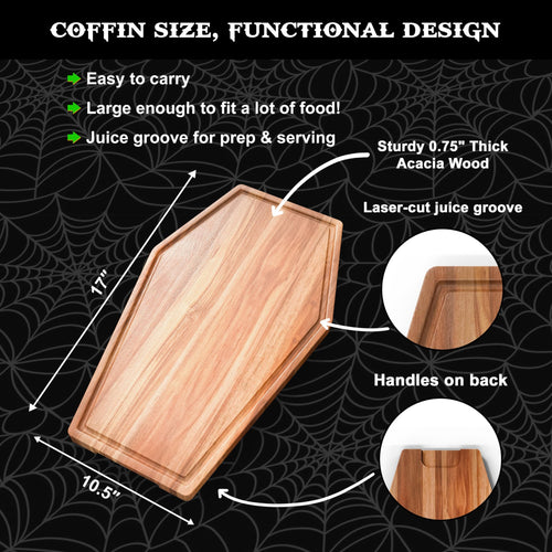 Large Coffin Charcuterie Board – 17" x 10.5" Acacia Wood Gothic Cutting & Serving Board