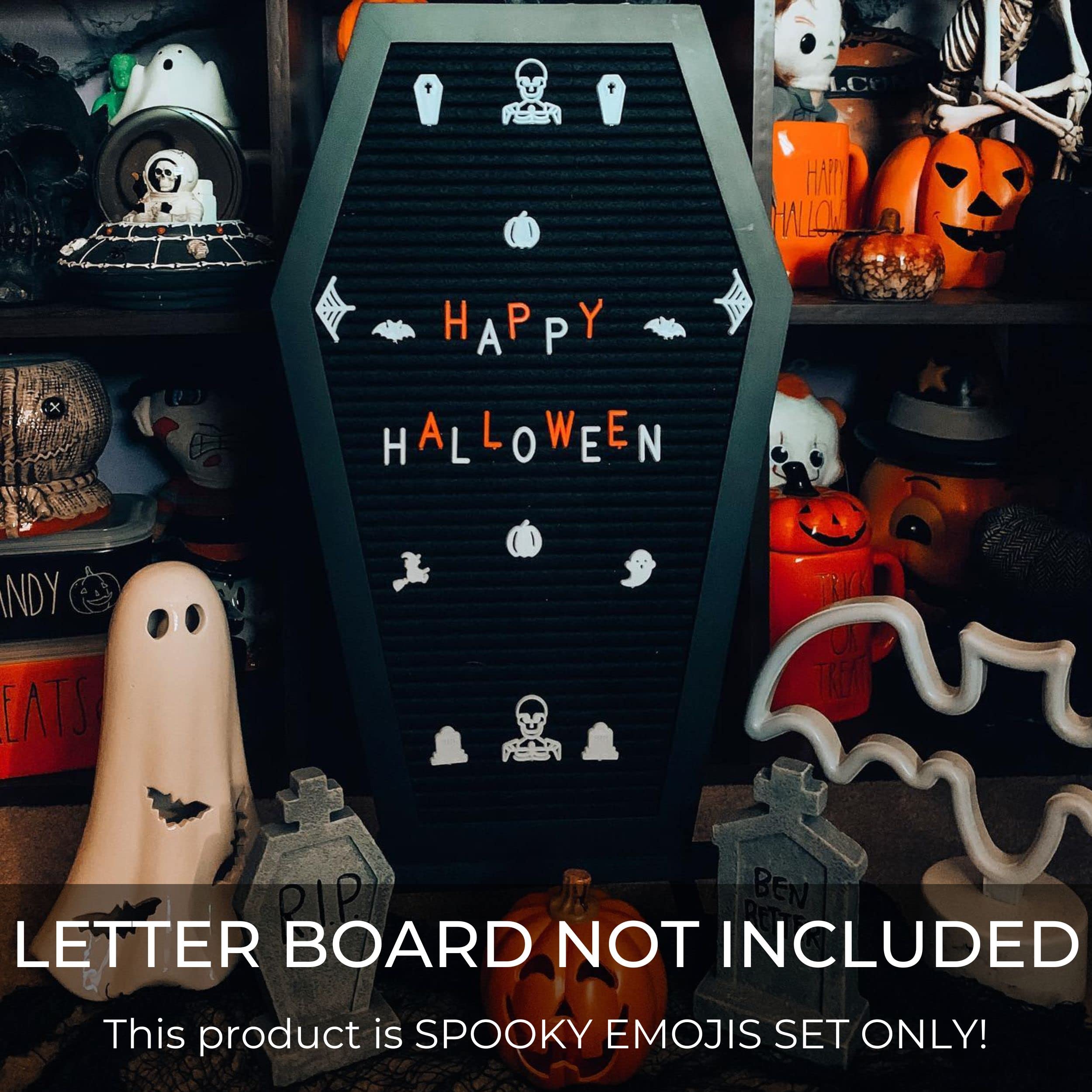 Spooky Letter Board Characters - Board NOT Included - +80pcs Felt Message Board Accessories - Shapes Include: Pumpkin, Coffin, Skeleton, Skull, Spider, Bat, Witch Hat, Broom