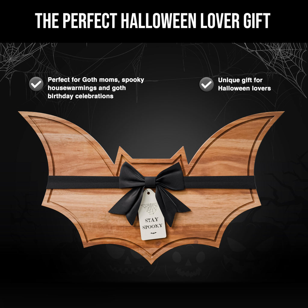 New – Halloween Bat Cutting Board 15.7" x 8.8" – Solid Acacia Wood Bat Charcuterie Board for Gothic Cheese Boards, Spooky Kitchen Decor, Creepy Halloween Serving Platter & Horror Party Tray