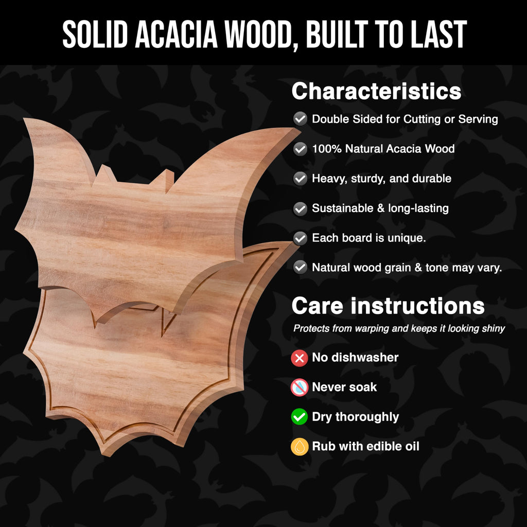 New – Halloween Bat Cutting Board 15.7" x 8.8" – Solid Acacia Wood Bat Charcuterie Board for Gothic Cheese Boards, Spooky Kitchen Decor, Creepy Halloween Serving Platter & Horror Party Tray