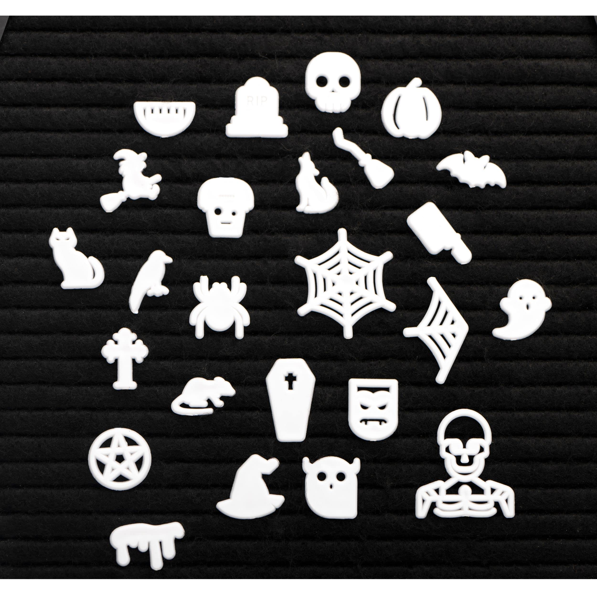 Spooky Letter Board Characters - Board NOT Included - +80pcs Felt Message Board Accessories - Shapes Include: Pumpkin, Coffin, Skeleton, Skull, Spider, Bat, Witch Hat, Broom