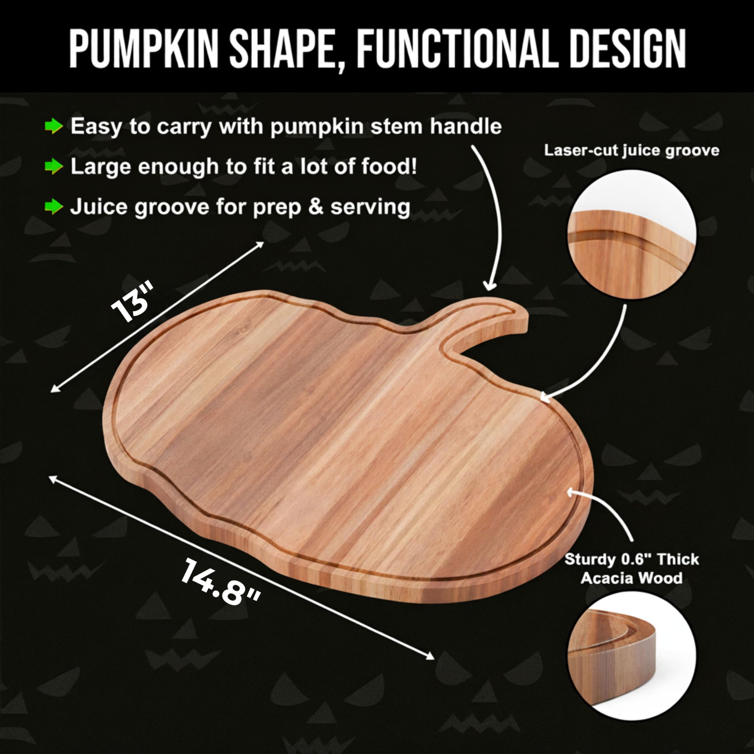 New - Halloween Pumpkin Cutting Board 14.8"x13" – Solid Acacia Wood Pumpkin Charcuterie Board for Fall Decor, Gothic Cheese Boards, Fall Kitchen Decor & Halloween Kitchen Serving Platter