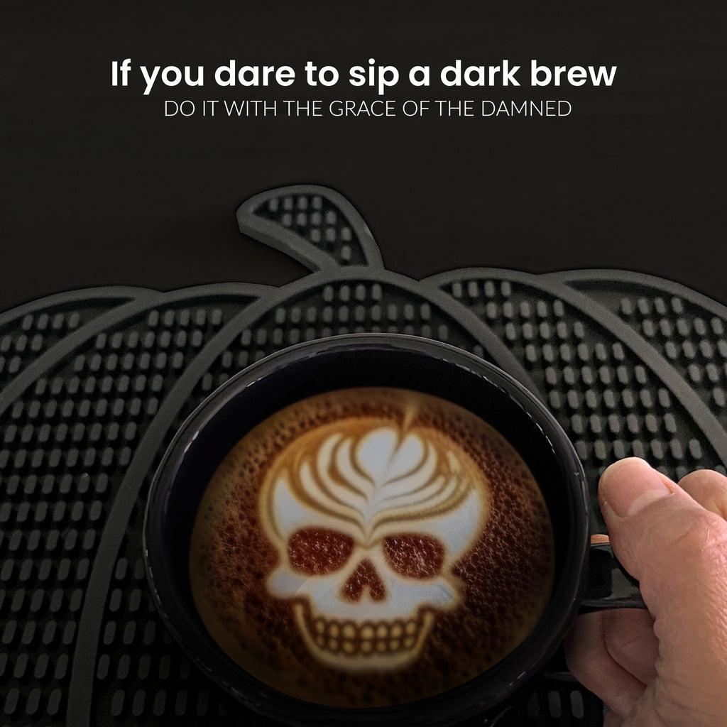 Nomnu Pumpkin Coffee Mat – Gothic Countertop Bar Mat for Spills and Drinks | 14.8" x 13.5" Black Rubber Halloween Decor