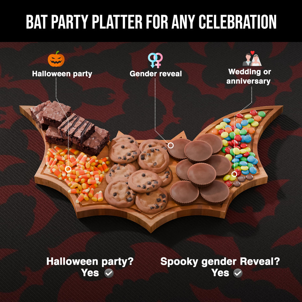 New – Halloween Bat Cutting Board 15.7" x 8.8" – Solid Acacia Wood Bat Charcuterie Board for Gothic Cheese Boards, Spooky Kitchen Decor, Creepy Halloween Serving Platter & Horror Party Tray