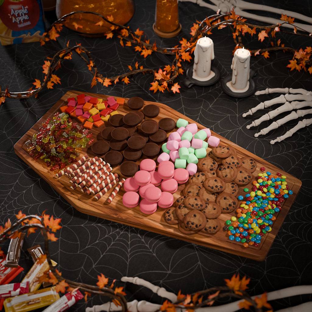 Giant Coffin Charcuterie Board – 23.5" x 14.5" Acacia Wood Cutting & Serving Tray for Gothic Decor, Halloween Parties & Goth Gifts