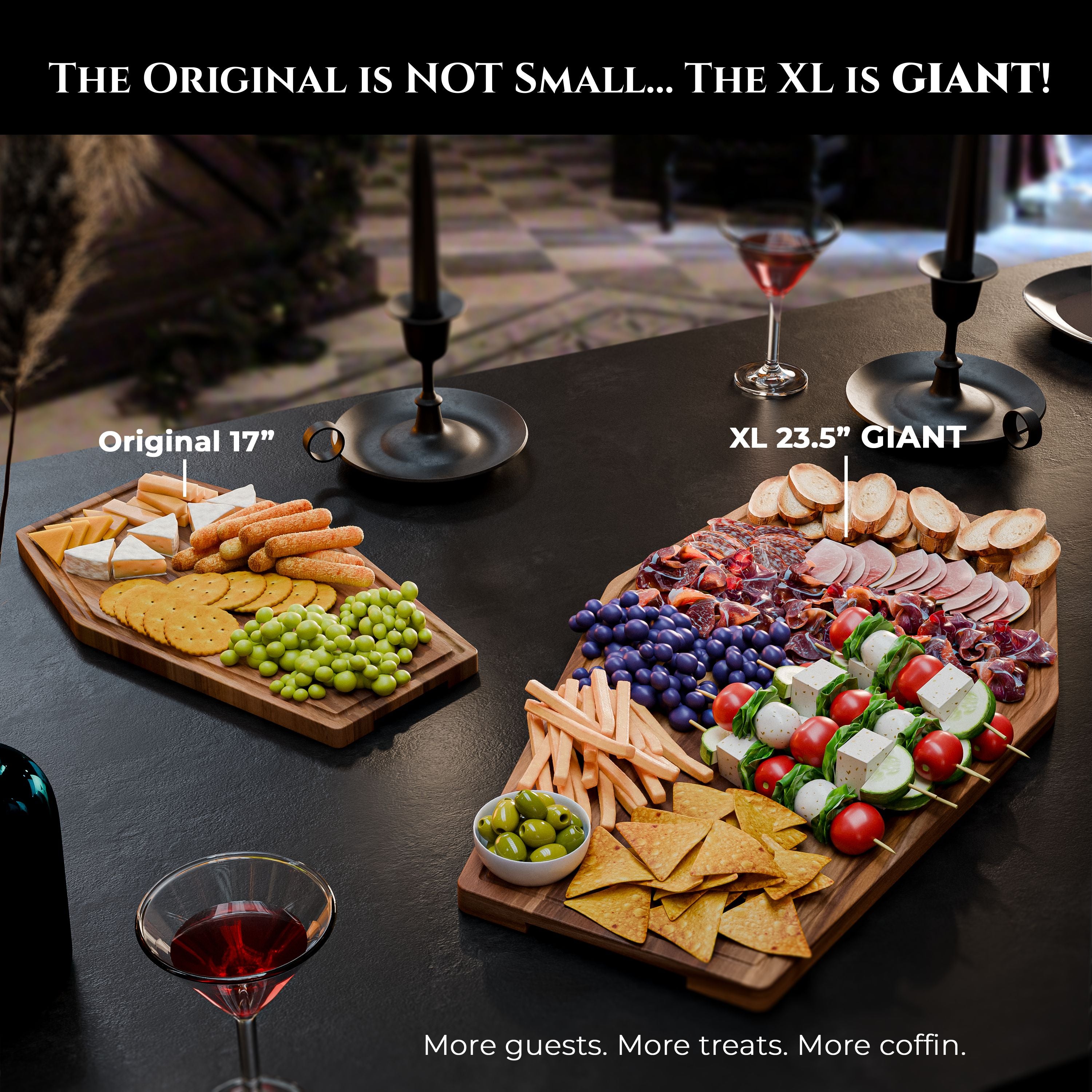 Giant Coffin Charcuterie Board – 23.5" x 14.5" Acacia Wood Cutting & Serving Tray for Gothic Decor, Halloween Parties & Goth Gifts