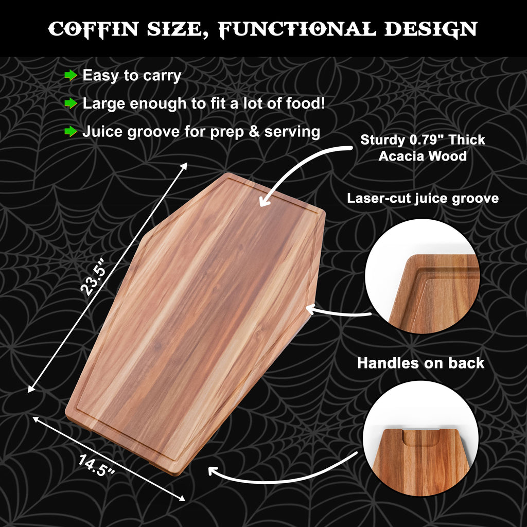 Giant Coffin Charcuterie Board – 23.5" x 14.5" Acacia Wood Cutting & Serving Tray for Gothic Decor, Halloween Parties & Goth Gifts