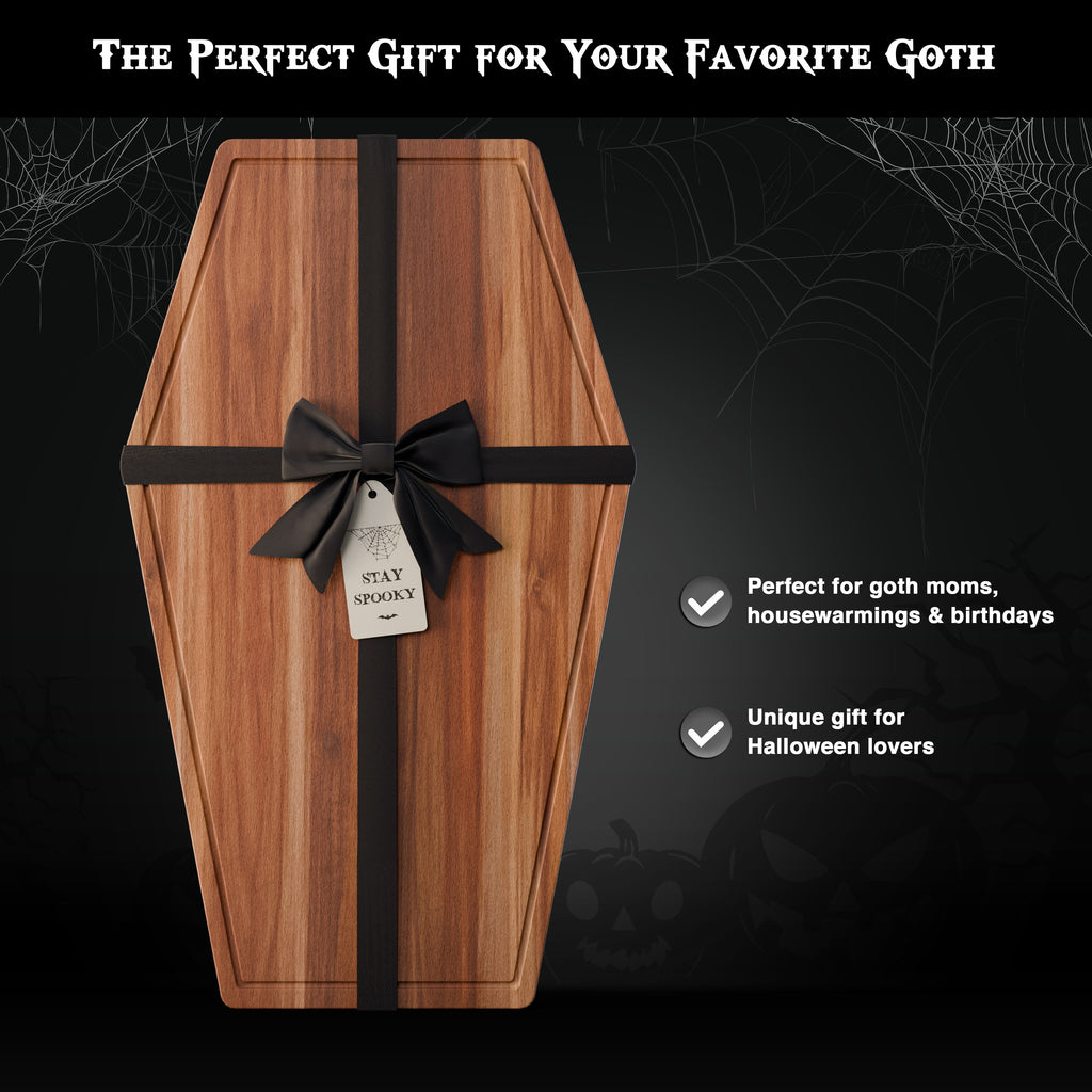 Giant Coffin Charcuterie Board – 23.5" x 14.5" Acacia Wood Cutting & Serving Tray for Gothic Decor, Halloween Parties & Goth Gifts