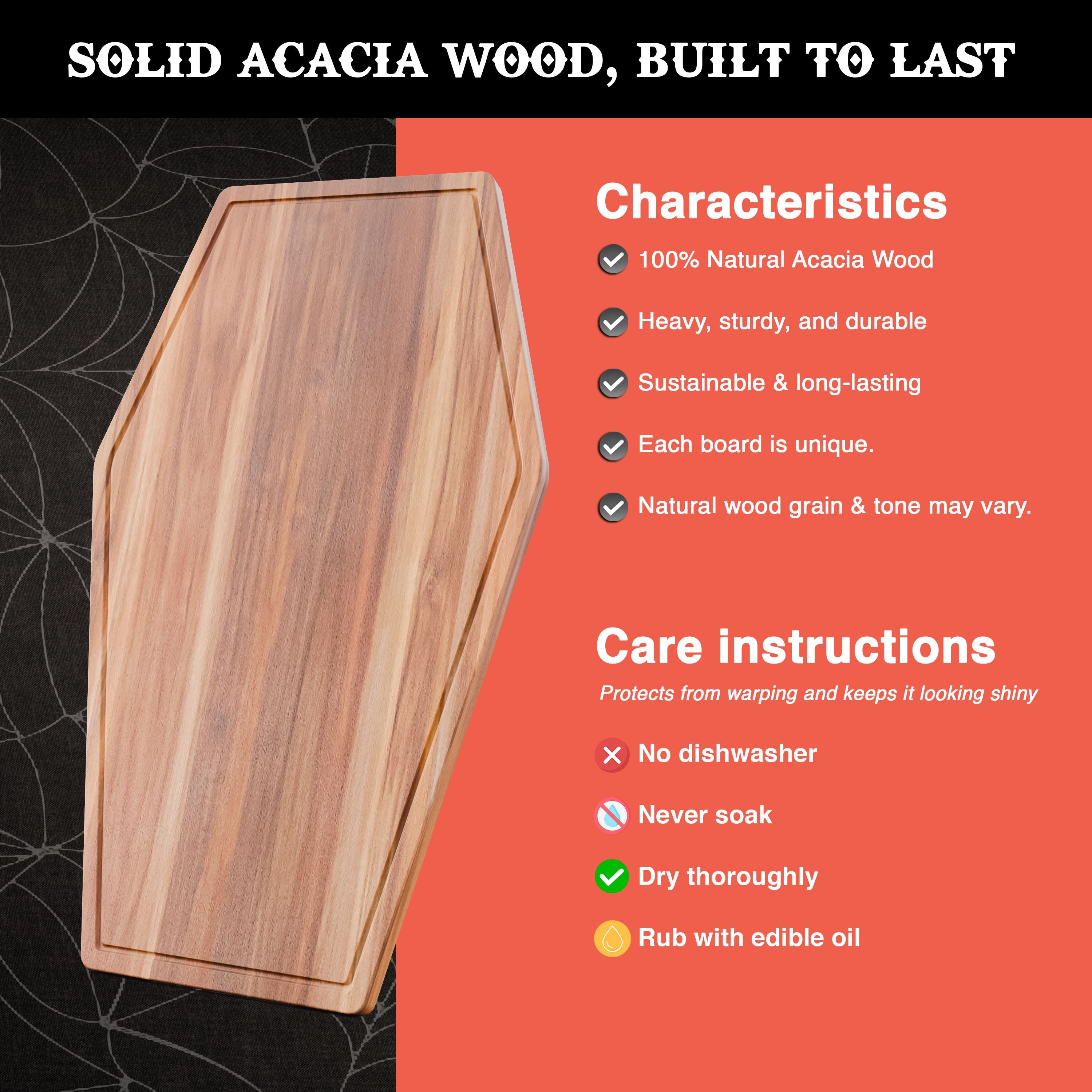 Giant Coffin Charcuterie Board – 23.5" x 14.5" Acacia Wood Cutting & Serving Tray for Gothic Decor, Halloween Parties & Goth Gifts