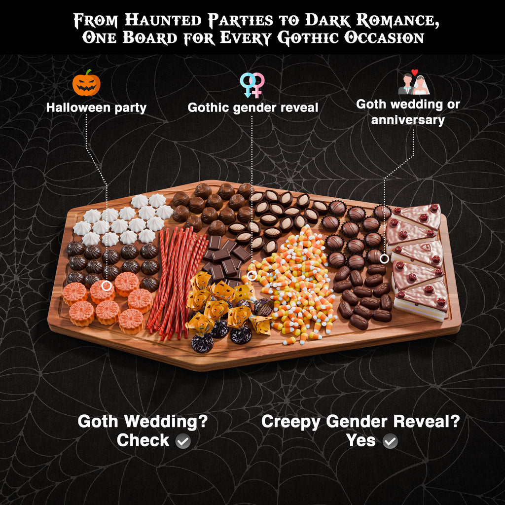 Giant Coffin Charcuterie Board – 23.5" x 14.5" Acacia Wood Cutting & Serving Tray for Gothic Decor, Halloween Parties & Goth Gifts