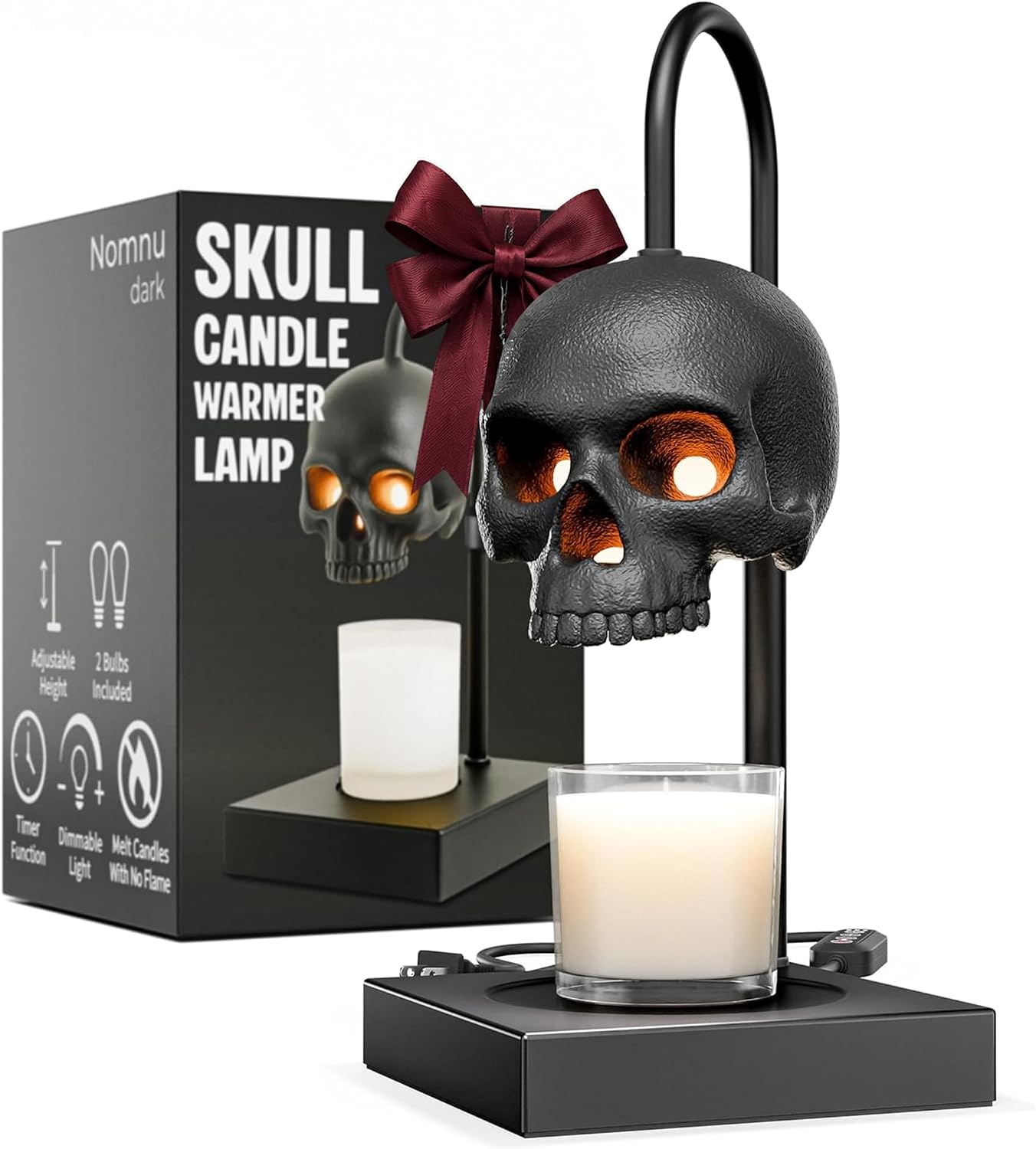 Nomnu Skull Candle Warmer Lamp with Timer & Dimmer – Adjustable Height Gothic Candle Lamp (Candles Not Included)