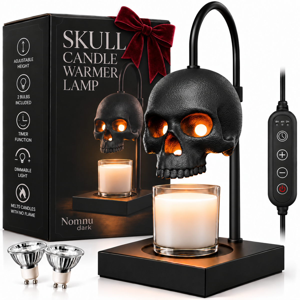 Nomnu Skull Candle Warmer Lamp with Timer & Dimmer – Adjustable Height Gothic Candle Lamp (Candles Not Included)