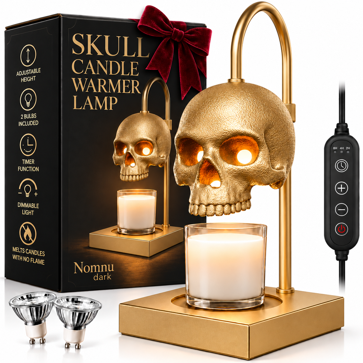 Nomnu Golden Skull Candle Warmer Lamp with Timer & Dimmer, Gold Gothic Decor Wax Warmer & Table Lamp for Witchy, Dark Academia & Halloween