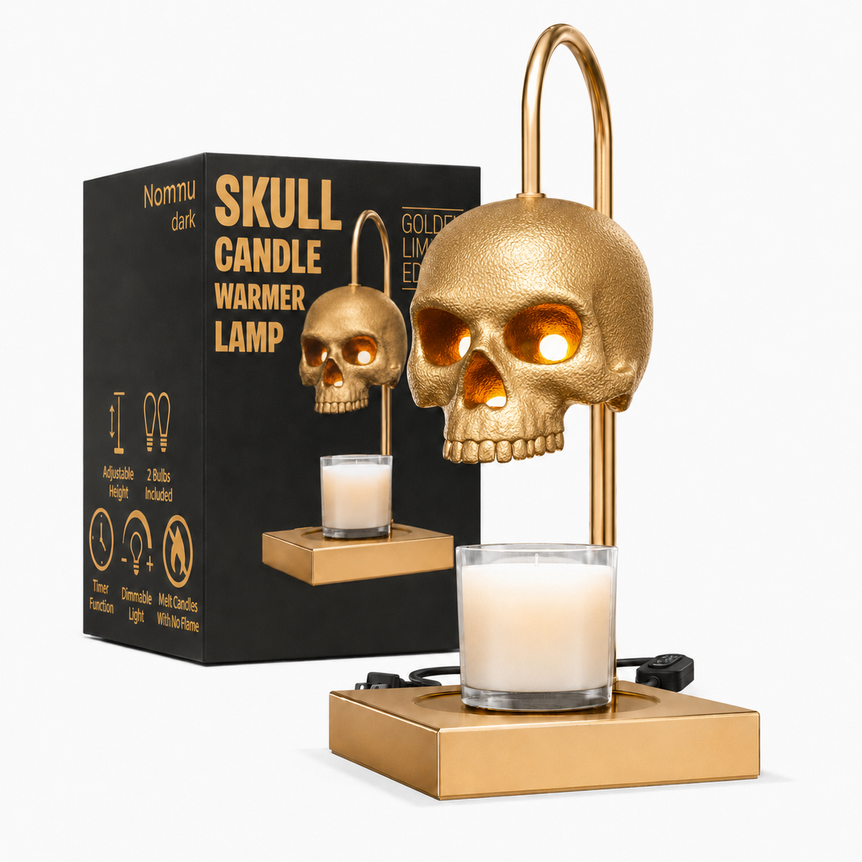 Nomnu Golden Skull Candle Warmer Lamp with Timer & Dimmer, Gold Gothic Decor Wax Warmer & Table Lamp for Witchy, Dark Academia & Halloween