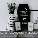 Load image into Gallery viewer, Spooky Letter Board Characters - Board NOT Included - +80pcs Felt Message Board Accessories - Shapes Include: Pumpkin, Coffin, Skeleton, Skull, Spider, Bat, Witch Hat, Broom
