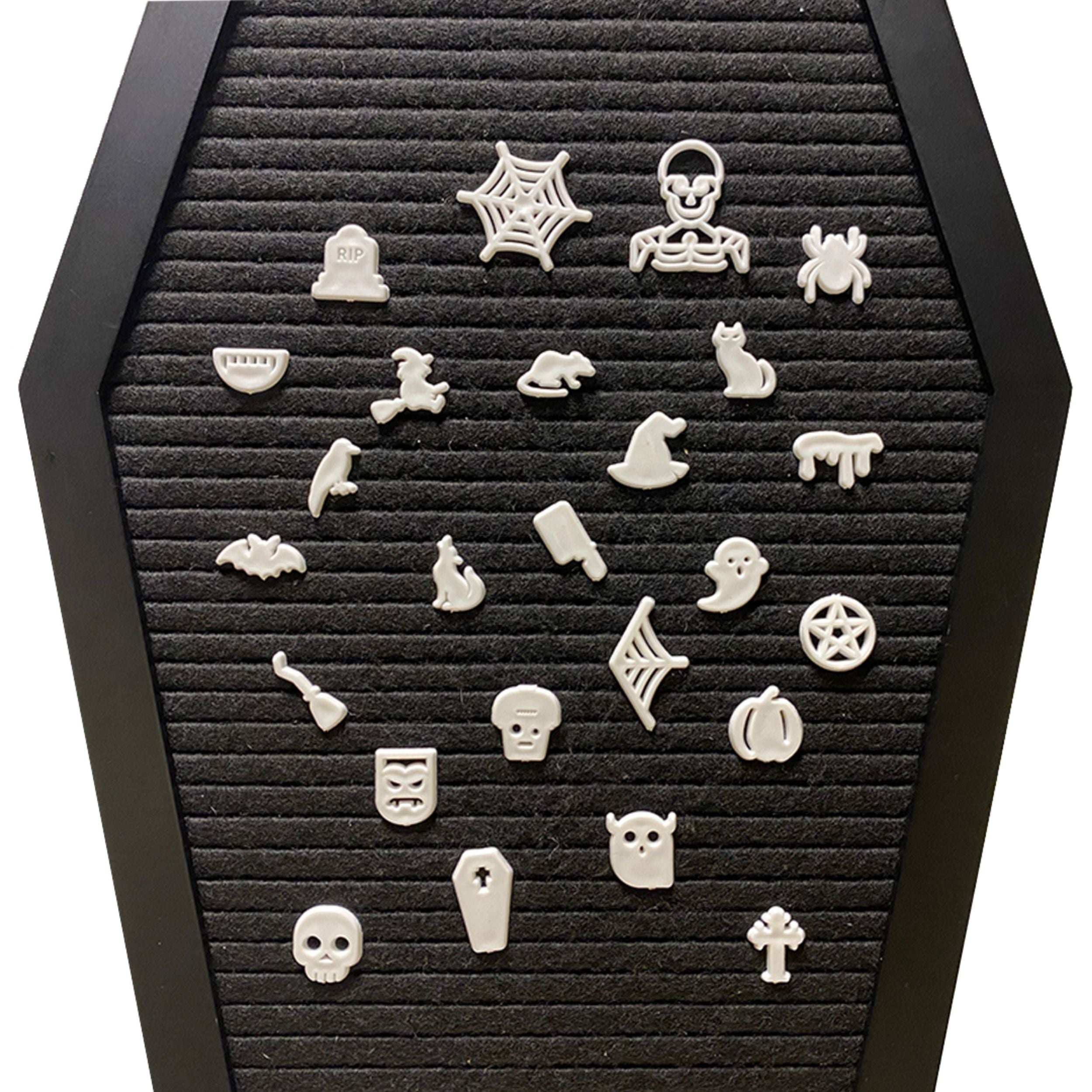 Spooky Letter Board Characters - Board NOT Included - +80pcs Felt Message Board Accessories - Shapes Include: Pumpkin, Coffin, Skeleton, Skull, Spider, Bat, Witch Hat, Broom